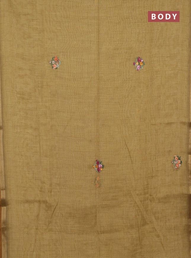 Linen saree dark mustard with embroidery buttas and embroidery pallu