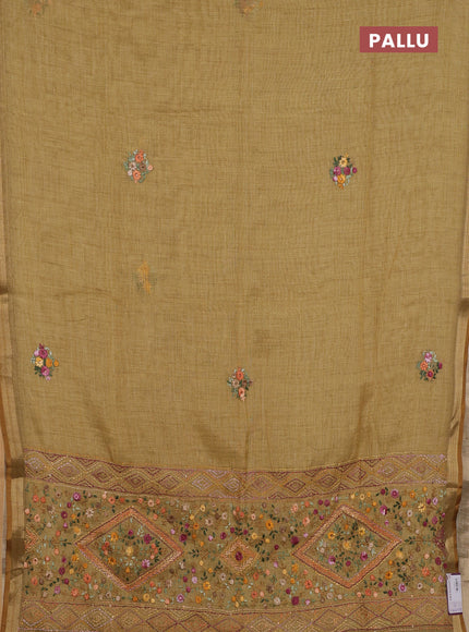 Linen saree dark mustard with embroidery buttas and embroidery pallu