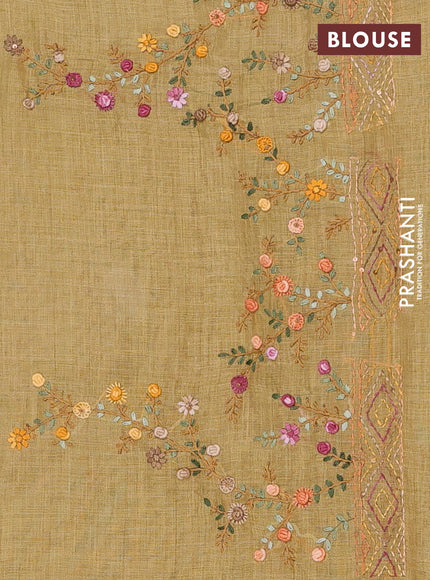 Linen saree dark mustard with embroidery buttas and embroidery pallu