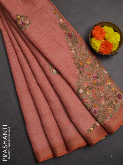 Linen saree dark peach with embroidery buttas and embroidery pallu