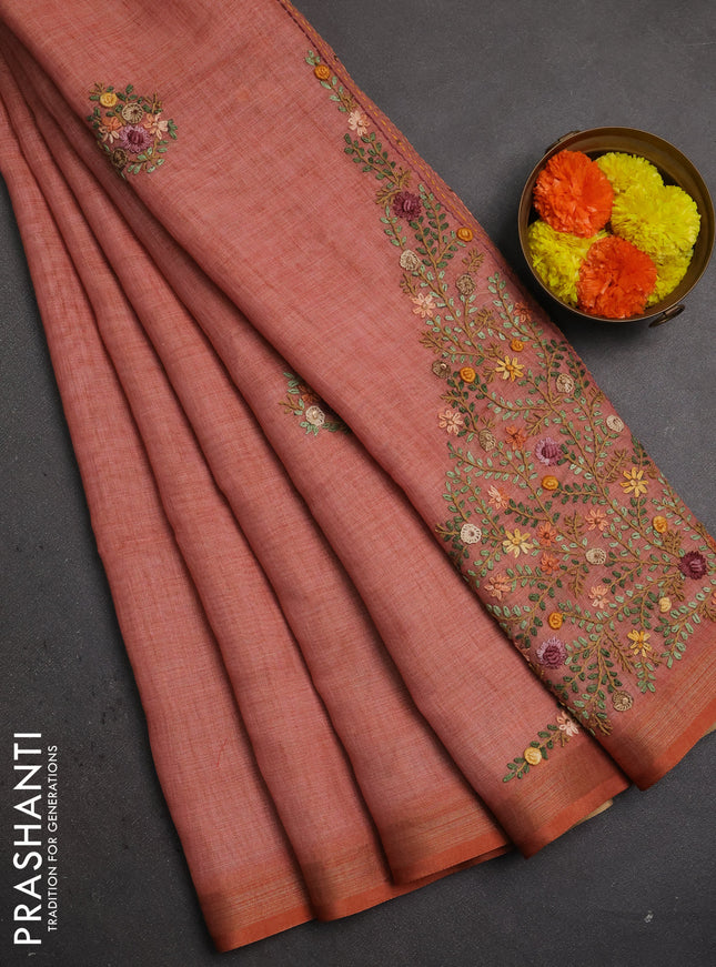 Linen saree dark peach with embroidery buttas and embroidery pallu
