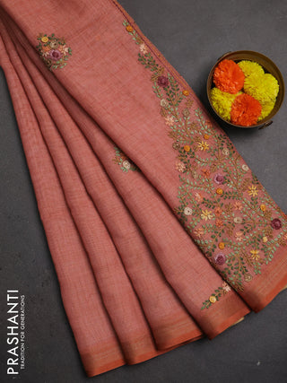 Linen saree dark peach with embroidery buttas and embroidery pallu