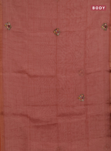 Linen saree dark peach with embroidery buttas and embroidery pallu