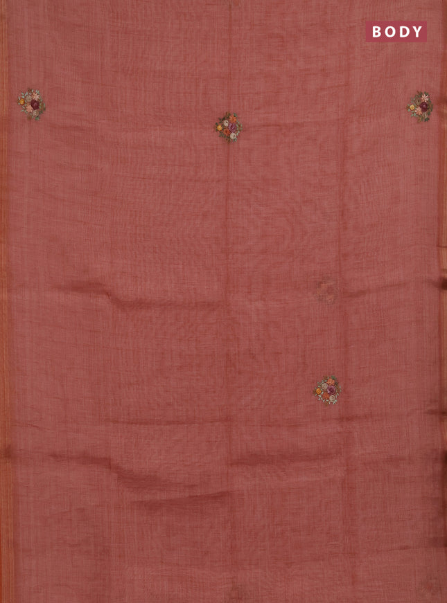 Linen saree dark peach with embroidery buttas and embroidery pallu