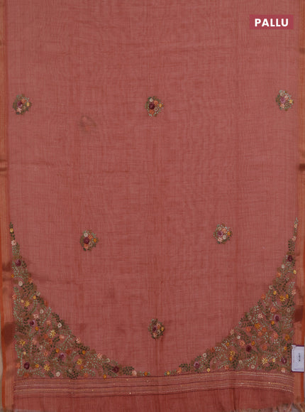 Linen saree dark peach with embroidery buttas and embroidery pallu