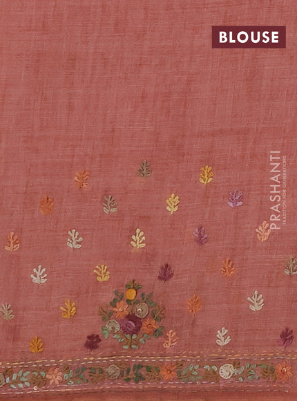 Linen saree dark peach with embroidery buttas and embroidery pallu