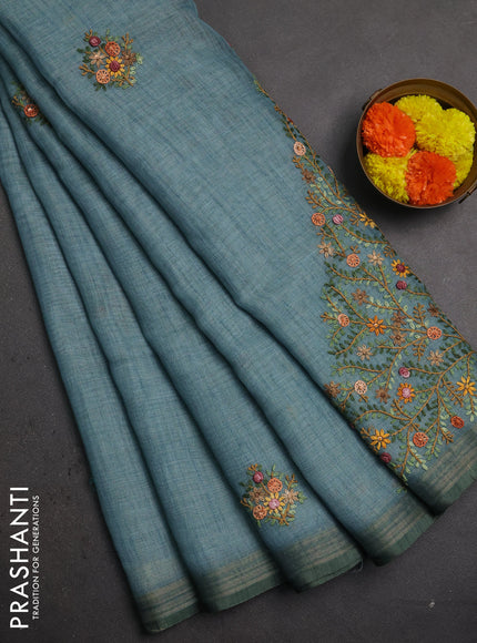 Linen saree pastel blue with embroidery buttas and embroidery pallu
