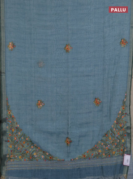 Linen saree pastel blue with embroidery buttas and embroidery pallu