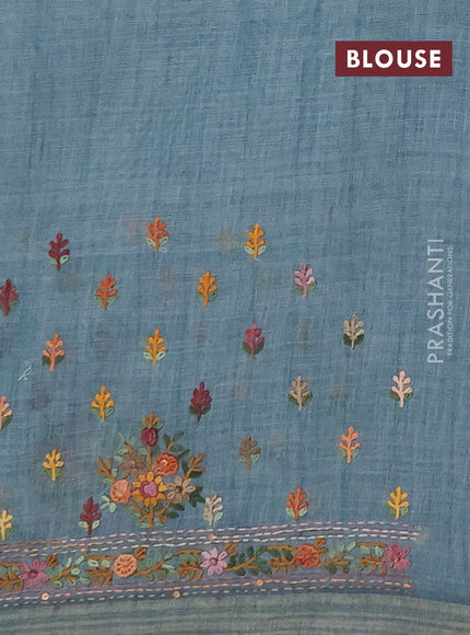 Linen saree pastel blue with embroidery buttas and embroidery pallu