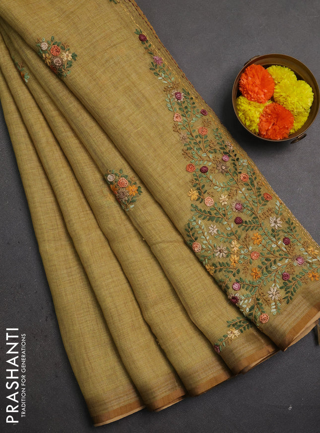 Linen saree mustard yellow with embroidery buttas and embroidery pallu