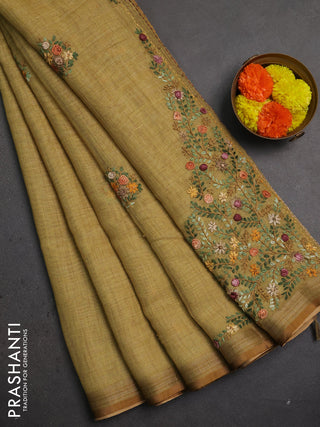 Linen saree mustard yellow with embroidery buttas and embroidery pallu