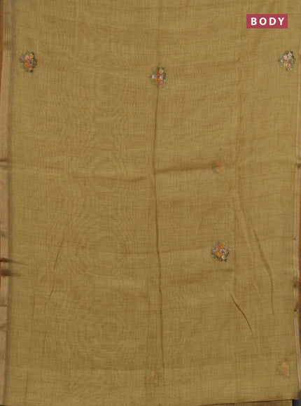 Linen saree mustard yellow with embroidery buttas and embroidery pallu