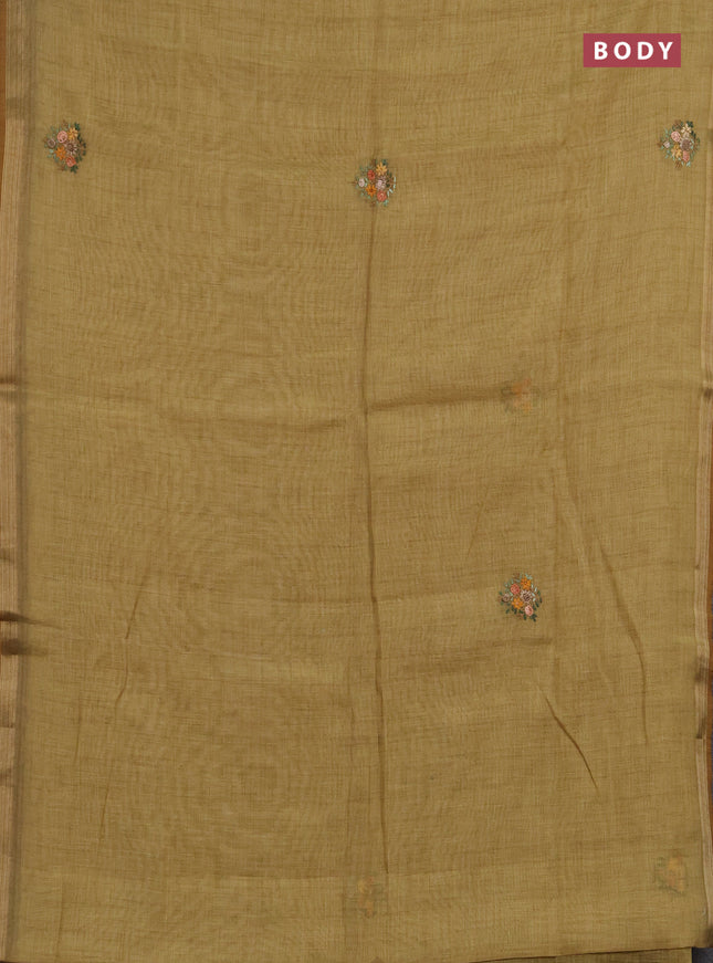 Linen saree mustard yellow with embroidery buttas and embroidery pallu