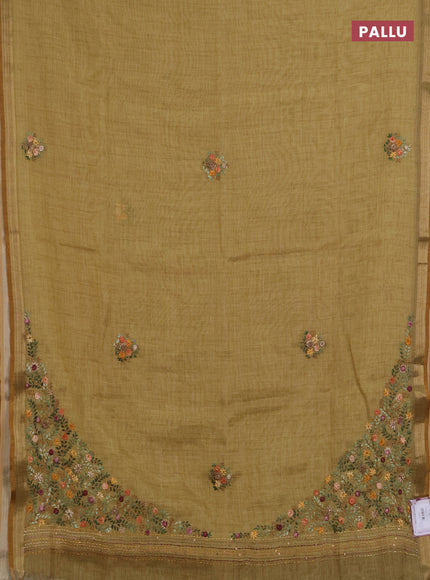 Linen saree mustard yellow with embroidery buttas and embroidery pallu