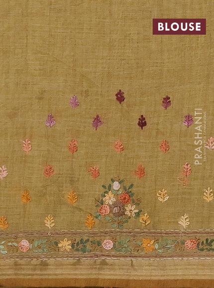 Linen saree mustard yellow with embroidery buttas and embroidery pallu