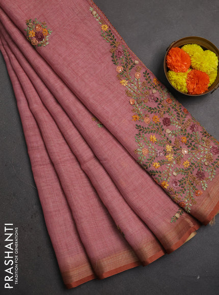 Linen saree pastel pink with embroidery buttas and embroidery pallu