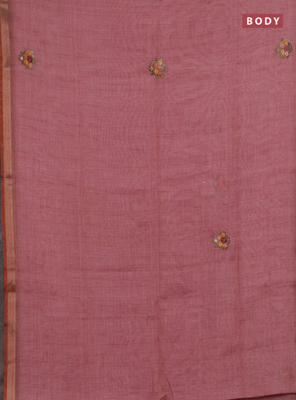 Linen saree pastel pink with embroidery buttas and embroidery pallu