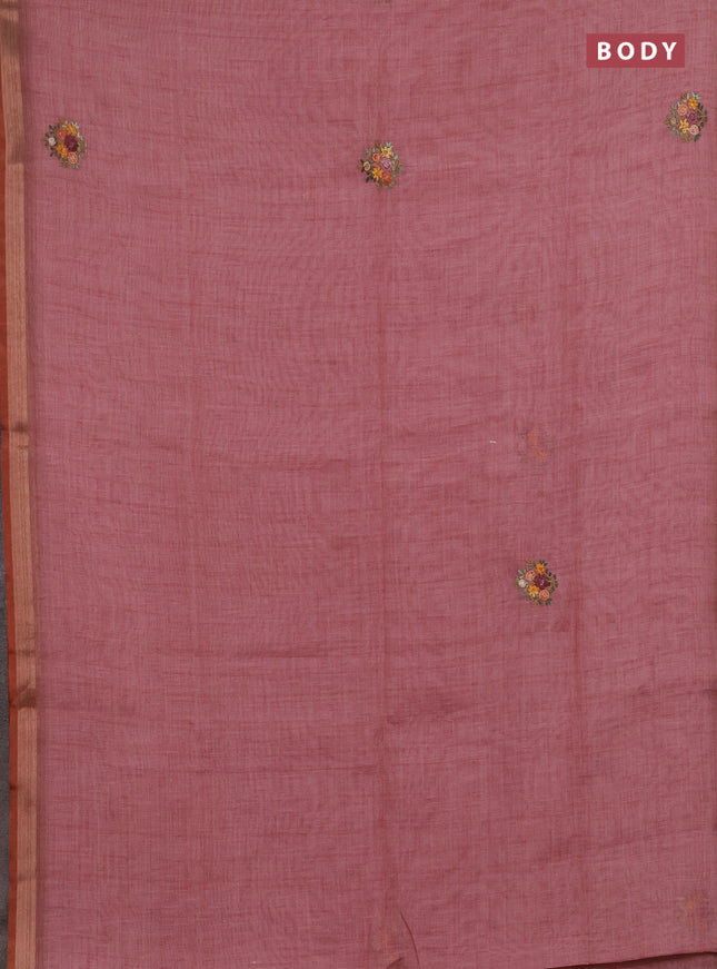 Linen saree pastel pink with embroidery buttas and embroidery pallu