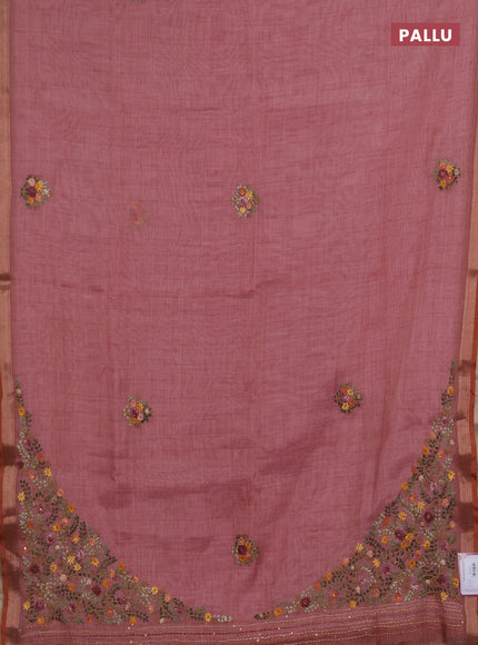 Linen saree pastel pink with embroidery buttas and embroidery pallu