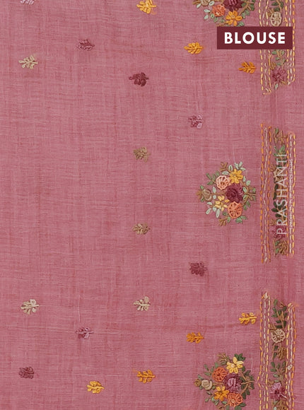 Linen saree pastel pink with embroidery buttas and embroidery pallu