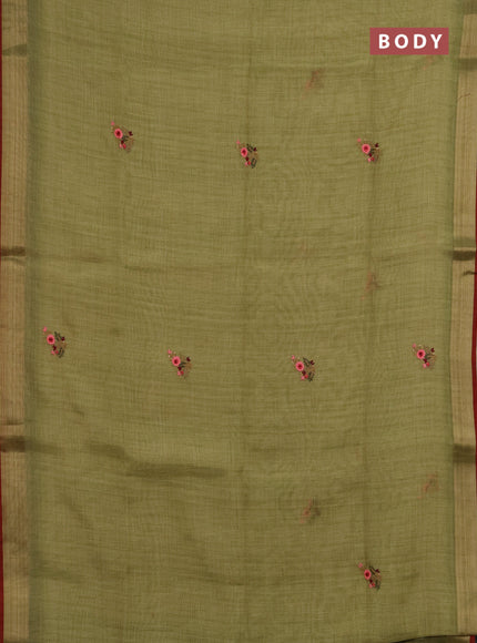 Linen saree light green and maroon with embroidery buttas and embroidery pallu