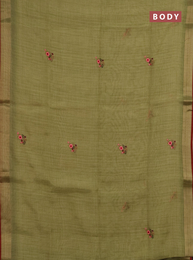 Linen saree light green and maroon with embroidery buttas and embroidery pallu