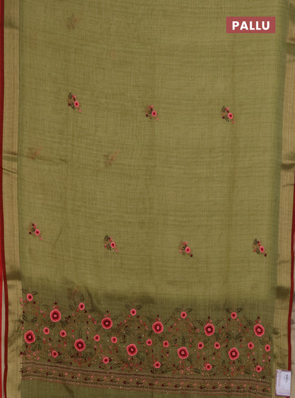 Linen saree light green and maroon with embroidery buttas and embroidery pallu