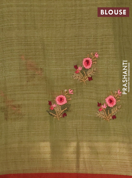 Linen saree light green and maroon with embroidery buttas and embroidery pallu