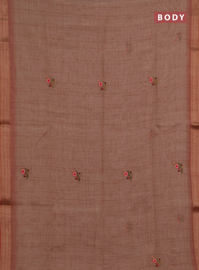 Linen saree rust shade and maroon with embroidery buttas and embroidery pallu