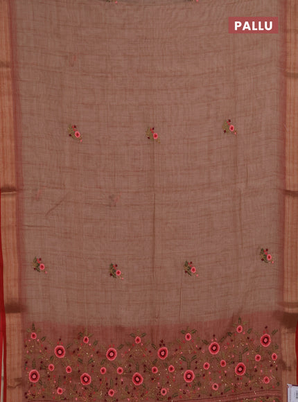 Linen saree rust shade and maroon with embroidery buttas and embroidery pallu