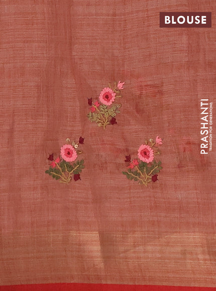 Linen saree rust shade and maroon with embroidery buttas and embroidery pallu
