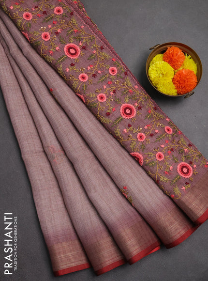 Linen saree pastel pink and maroon with embroidery buttas and embroidery pallu