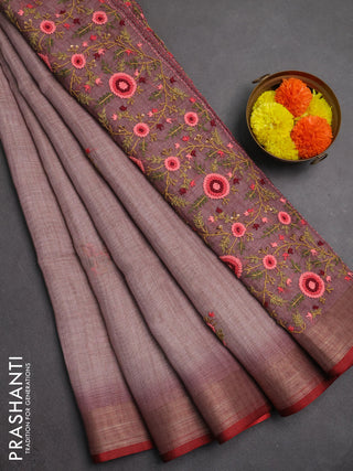 Linen saree pastel pink and maroon with embroidery buttas and embroidery pallu
