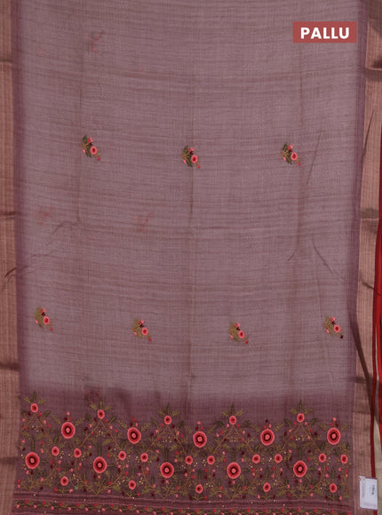Linen saree pastel pink and maroon with embroidery buttas and embroidery pallu