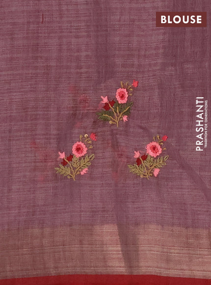 Linen saree pastel pink and maroon with embroidery buttas and embroidery pallu