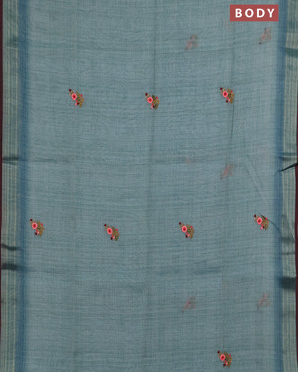 Linen saree teal blue and maroon with embroidery buttas and embroidery pallu
