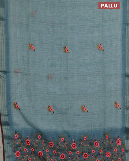 Linen saree teal blue and maroon with embroidery buttas and embroidery pallu