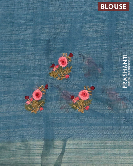 Linen saree teal blue and maroon with embroidery buttas and embroidery pallu