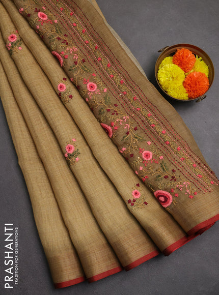 Linen saree dark mustard and maroon with embroidery buttas and embroidery pallu