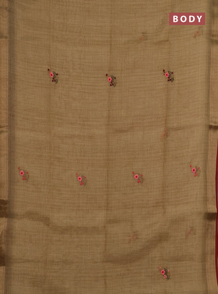 Linen saree dark mustard and maroon with embroidery buttas and embroidery pallu