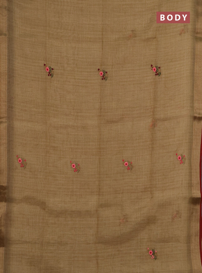 Linen saree dark mustard and maroon with embroidery buttas and embroidery pallu