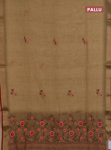 Linen saree dark mustard and maroon with embroidery buttas and embroidery pallu