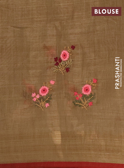 Linen saree dark mustard and maroon with embroidery buttas and embroidery pallu