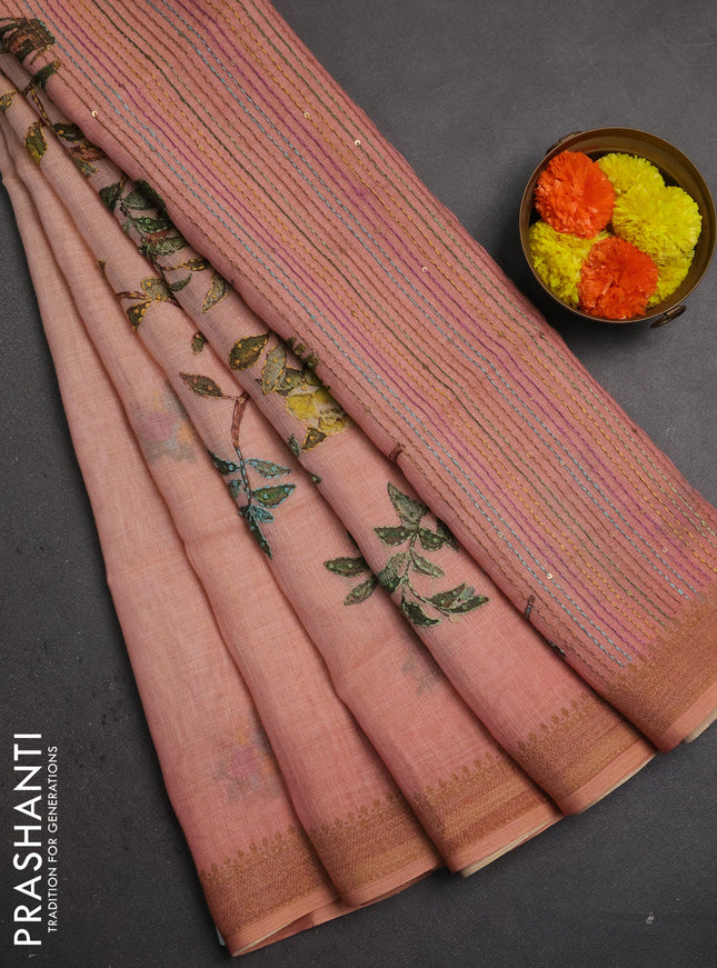Linen saree dark peach with embroidery buttas and embroidery pallu