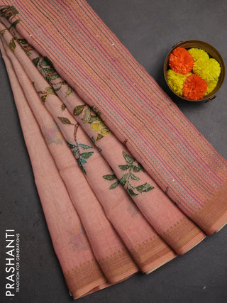 Linen saree dark peach with embroidery buttas and embroidery pallu