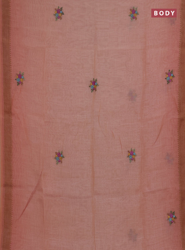 Linen saree dark peach with embroidery buttas and embroidery pallu
