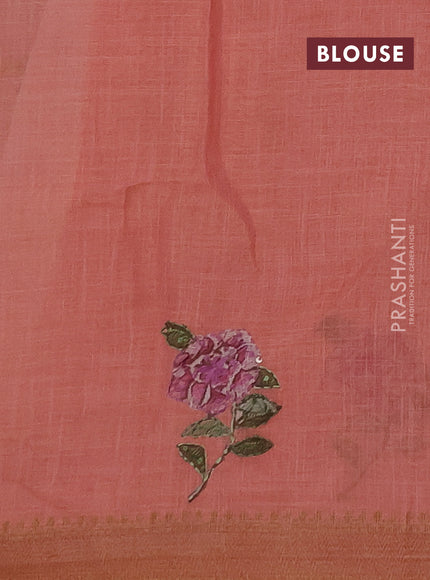 Linen saree dark peach with embroidery buttas and embroidery pallu