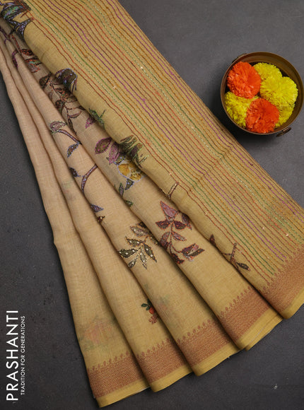 Linen saree mustard yellow with embroidery buttas and embroidery pallu