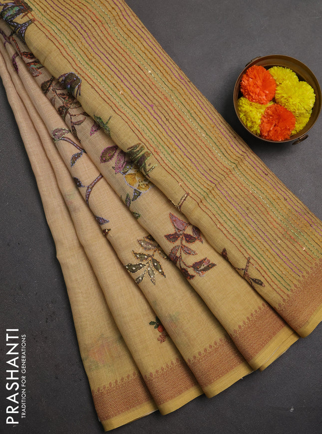 Linen saree mustard yellow with embroidery buttas and embroidery pallu