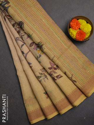 Linen saree mustard yellow with embroidery buttas and embroidery pallu